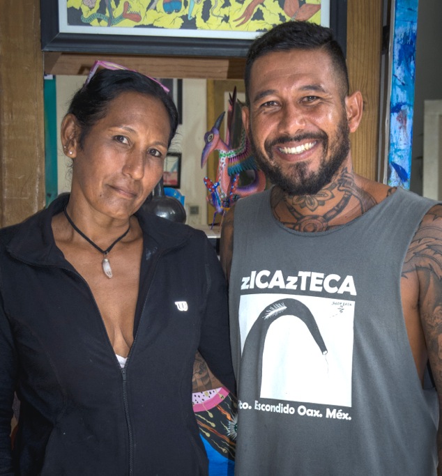 Puerto Escondido artist and surfer Julio
Soto Noyola with his mother Minerva Noyola Patiño.<br />Photo: Ernesto J. Torres, Casa 12